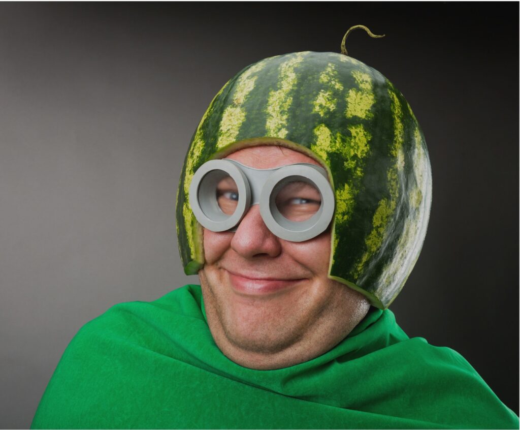 A typical user, wearing a carved melon and imitation goggles